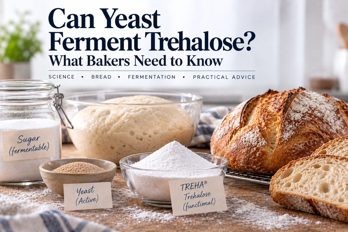 Can baker's yeast ferment trehalose in bread dough with sugar, yeast and TREHA ingredients
