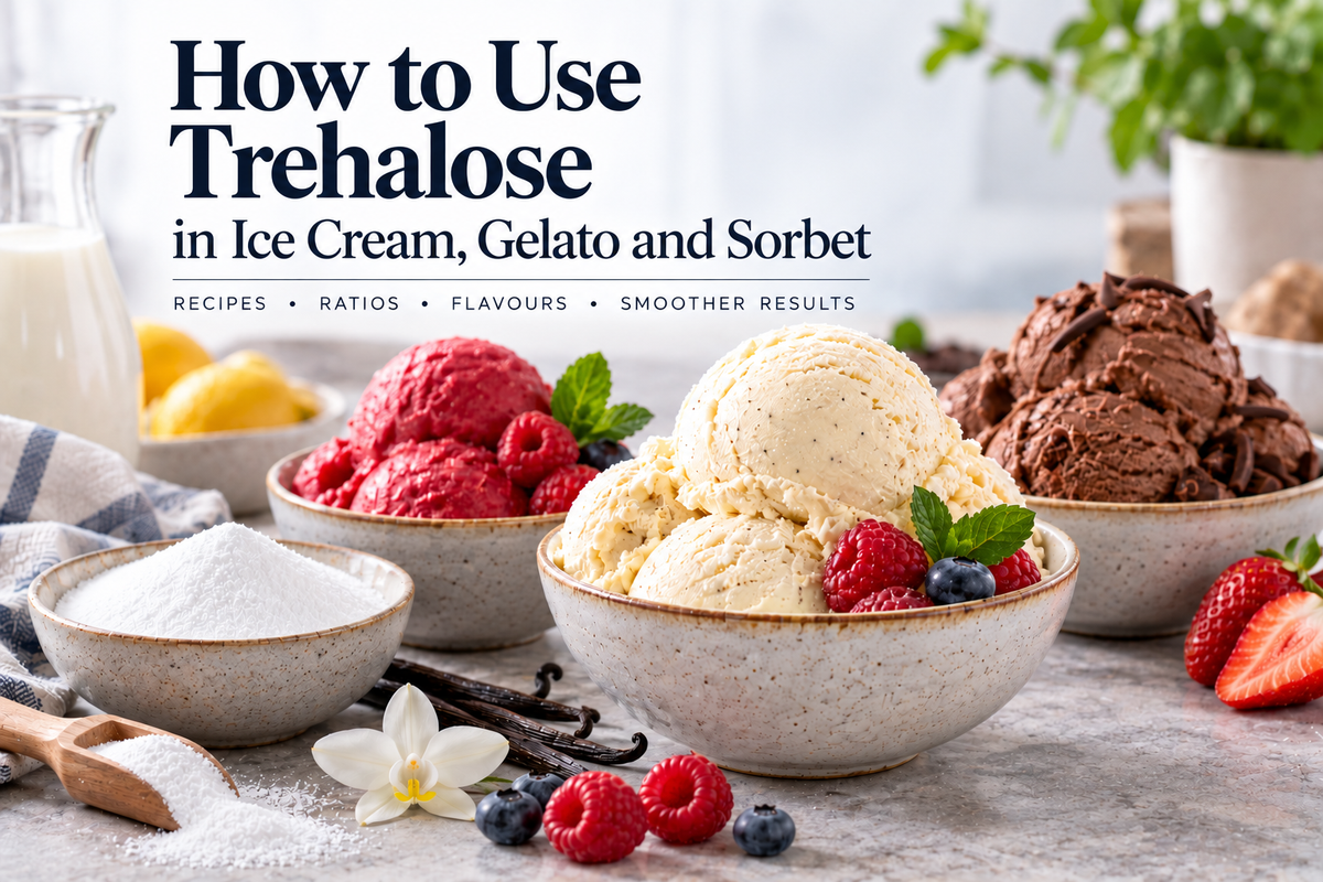 How to use trehalose in ice cream, gelato and sorbet with vanilla, raspberry and chocolate frozen desserts