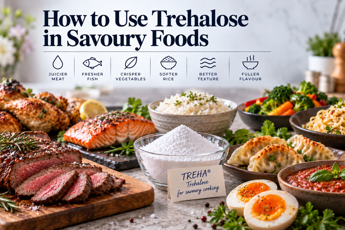 How to use trehalose in savoury foods including meat, fish, vegetables, rice, noodles, eggs and sauces