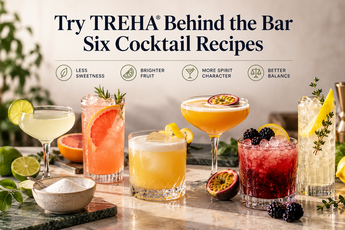 Six TREHA trehalose cocktail recipes including Daiquiri, Paloma, Whiskey Sour and fruit cocktails