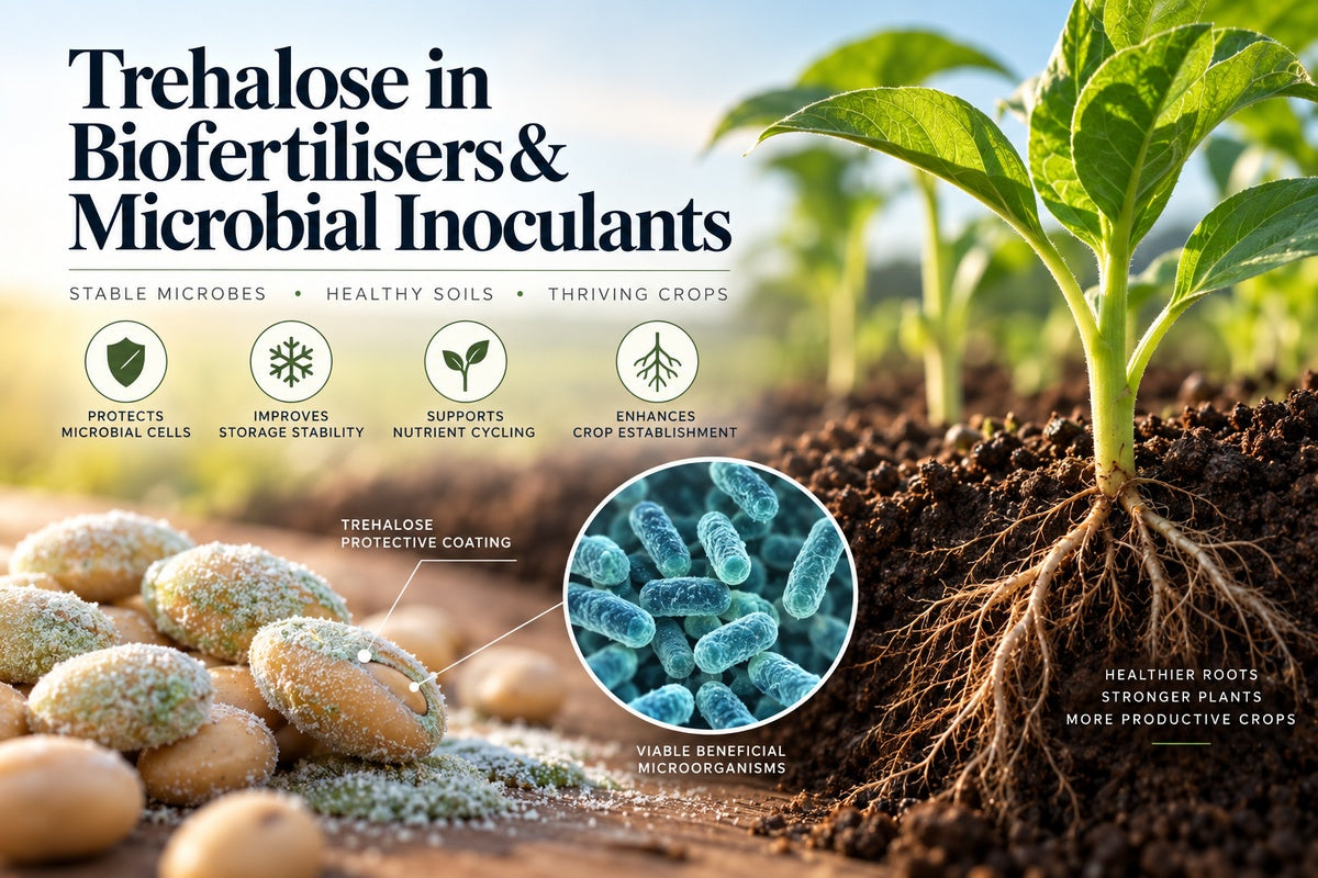 Trehalose in biofertilisers and microbial inoculants showing microbial protection, storage stability and healthier root establishment