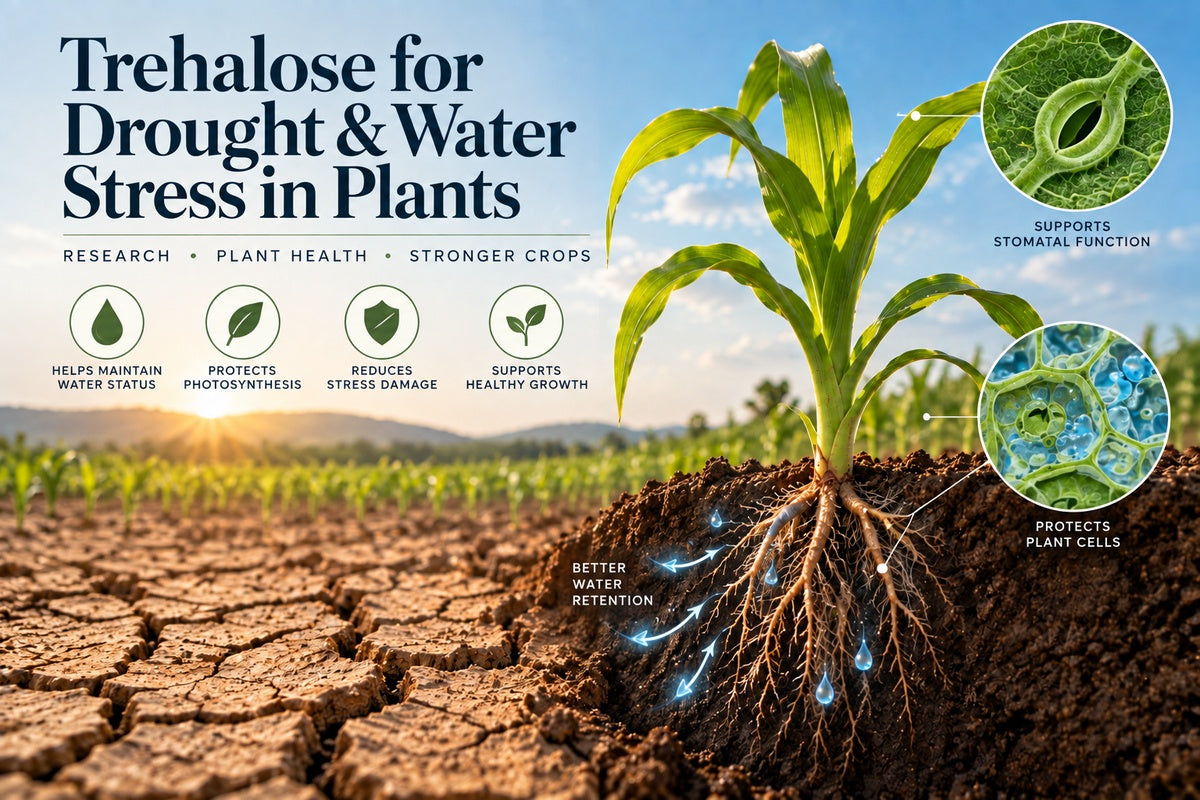 Trehalose for drought and water stress in plants showing water retention, photosynthesis support and reduced stress damage
