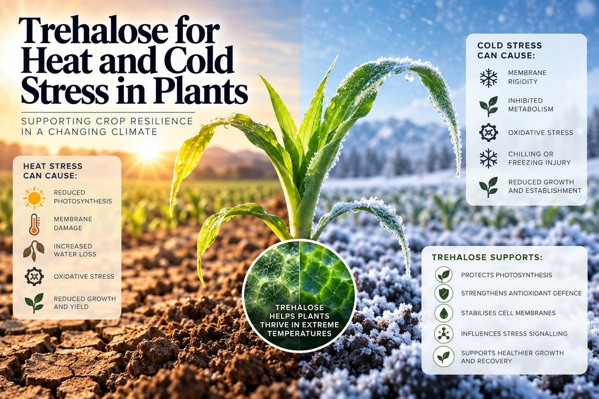 Trehalose for heat and cold stress in plants showing photosynthesis protection, antioxidant defence and improved temperature resilience