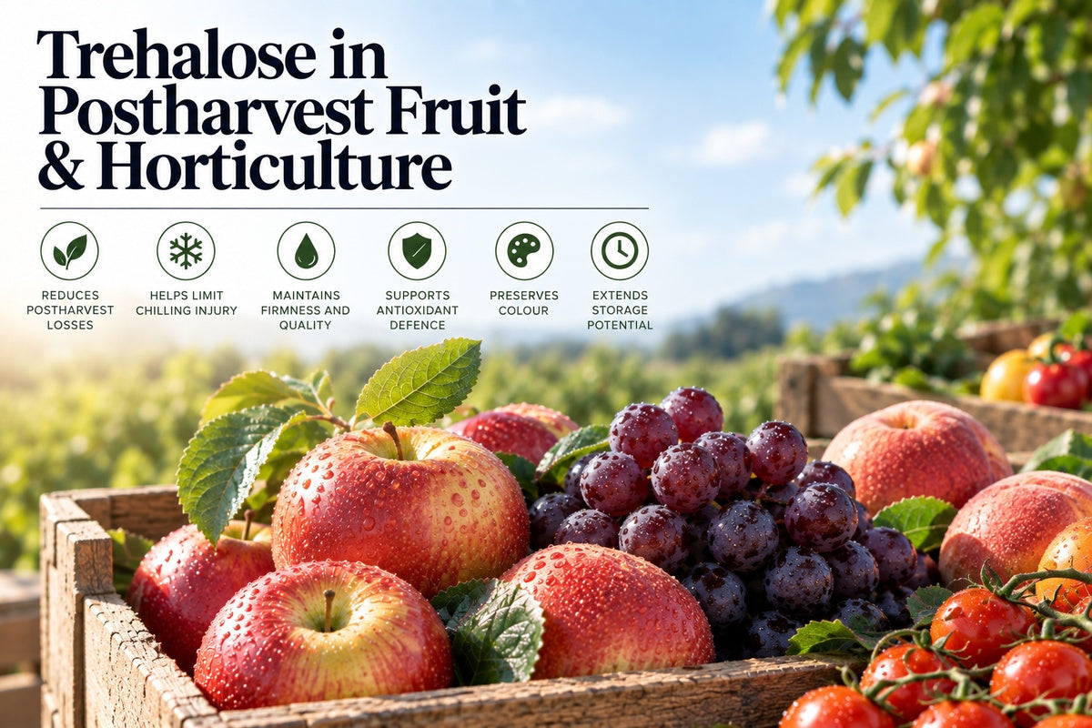 Trehalose in postharvest fruit and horticulture showing reduced chilling injury, maintained firmness, antioxidant support and extended storage quality