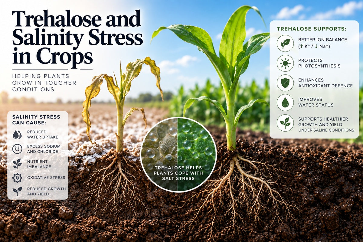 Trehalose and salinity stress in crops showing improved ion balance, water status, photosynthesis and healthier plant growth