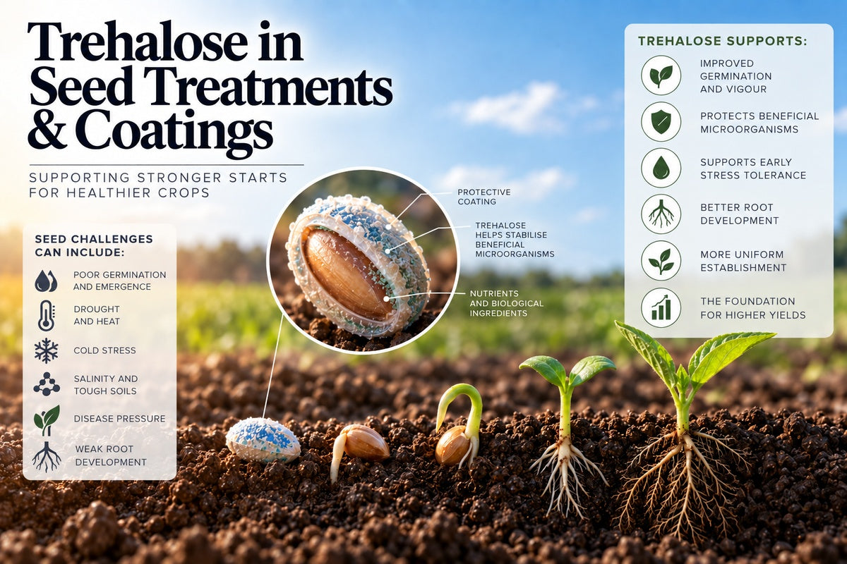Trehalose in seed treatments and coatings showing microbial protection, improved germination, root development and crop establishment