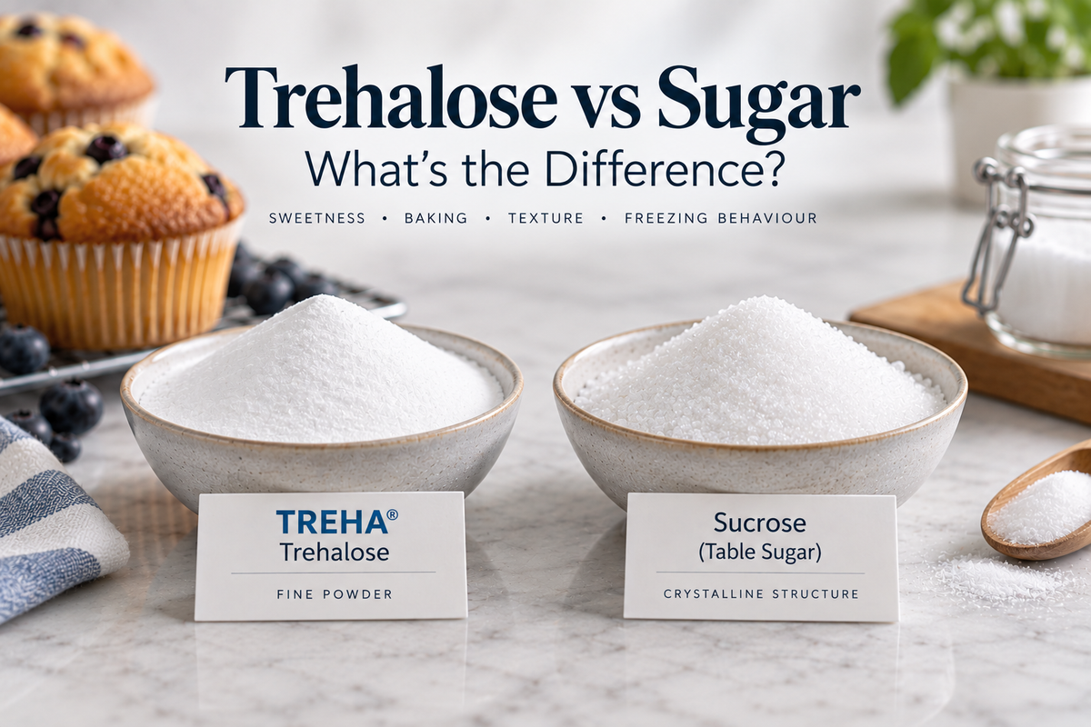 Trehalose vs sugar comparison showing differences in sweetness, baking, texture and freezing behaviour